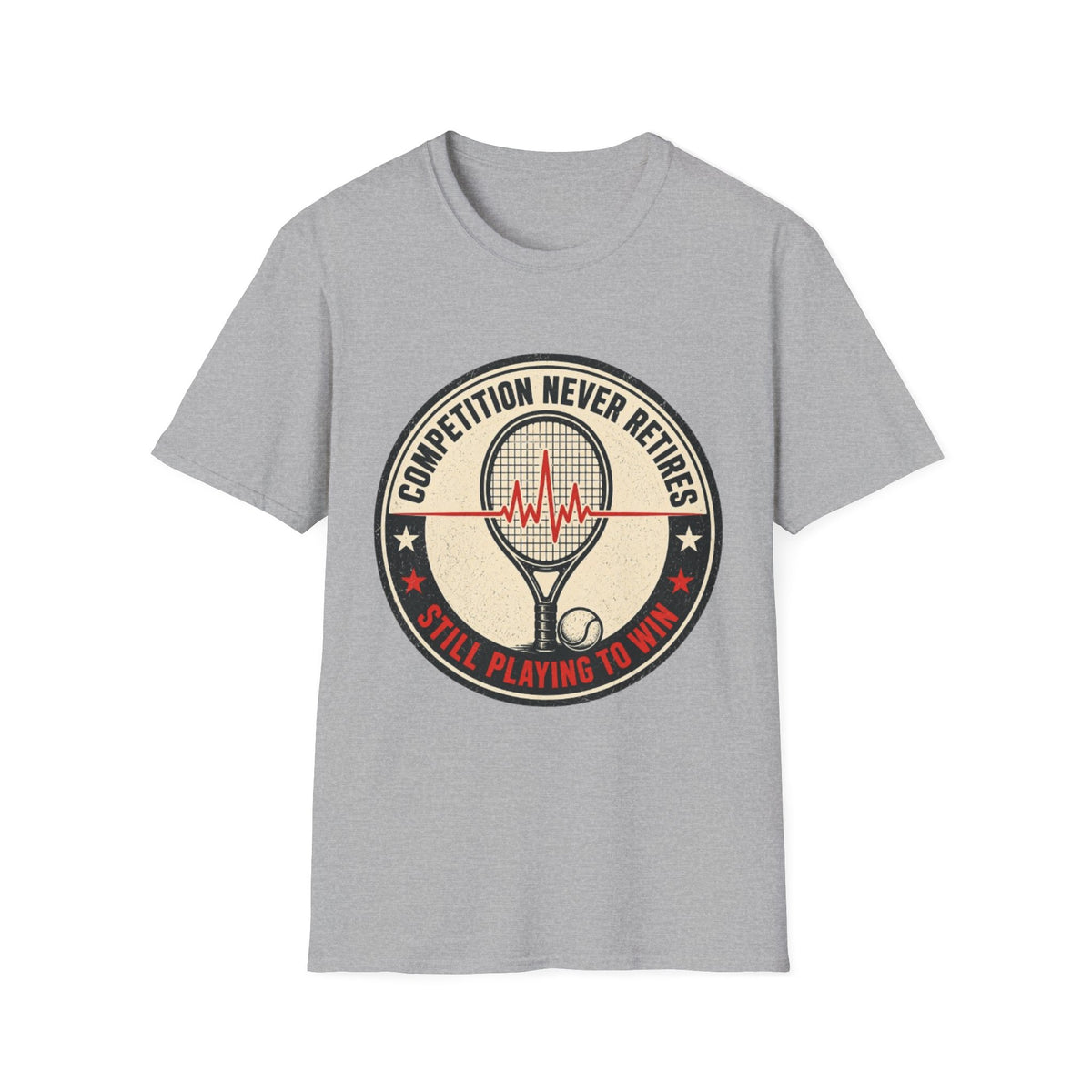 Tennis T-Shirt — "Competition Never Retires" Vintage Racket Tee