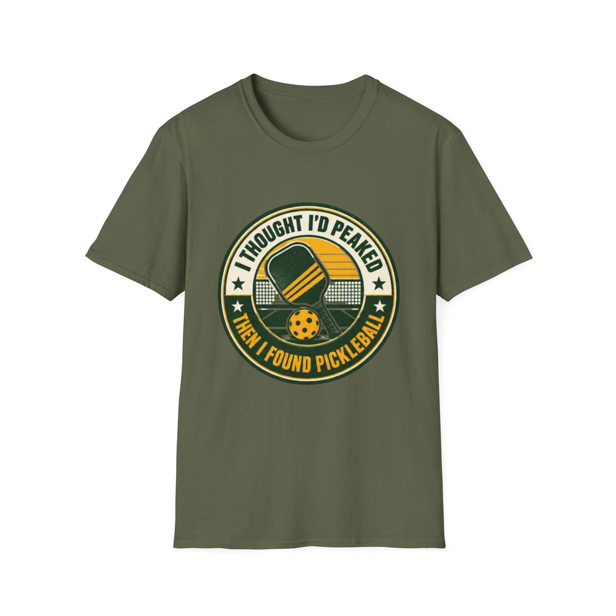 I Thought I'd Peaked Pickleball Paddle T-Shirt | Retro Badge, Vintage Court Vibe