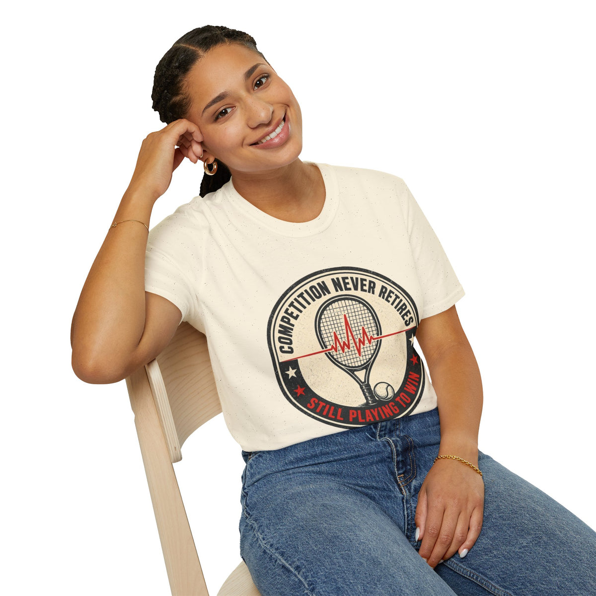 Tennis T-Shirt — "Competition Never Retires" Vintage Racket Tee