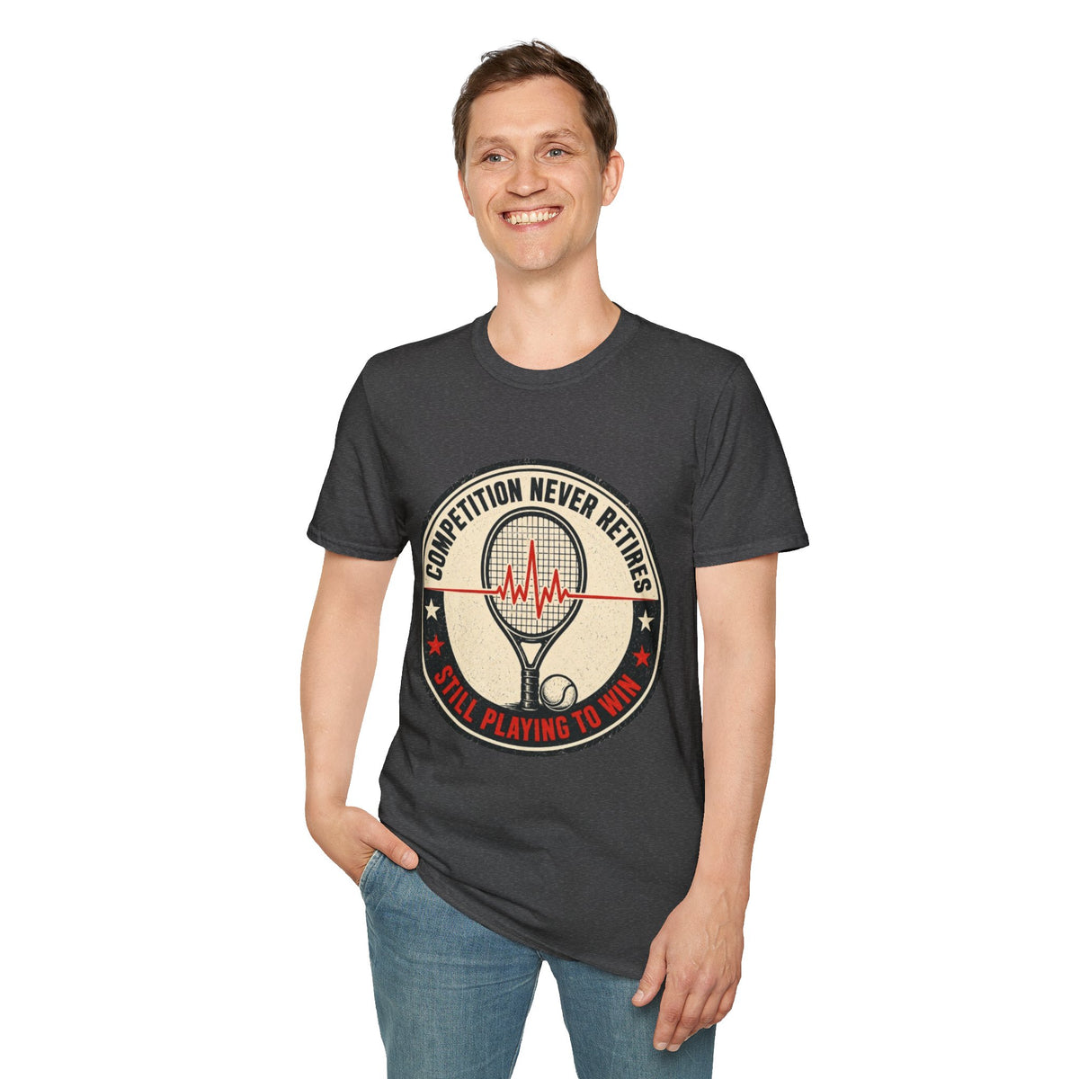 Tennis T-Shirt — "Competition Never Retires" Vintage Racket Tee
