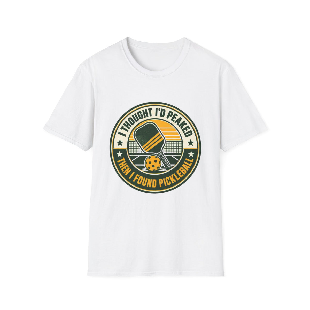 I Thought I'd Peaked Pickleball Paddle T-Shirt | Retro Badge, Vintage Court Vibe