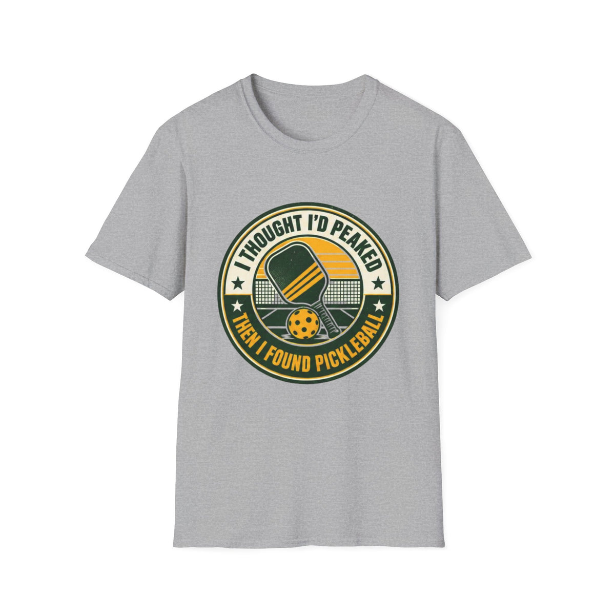 I Thought I'd Peaked Pickleball Paddle T-Shirt | Retro Badge, Vintage Court Vibe