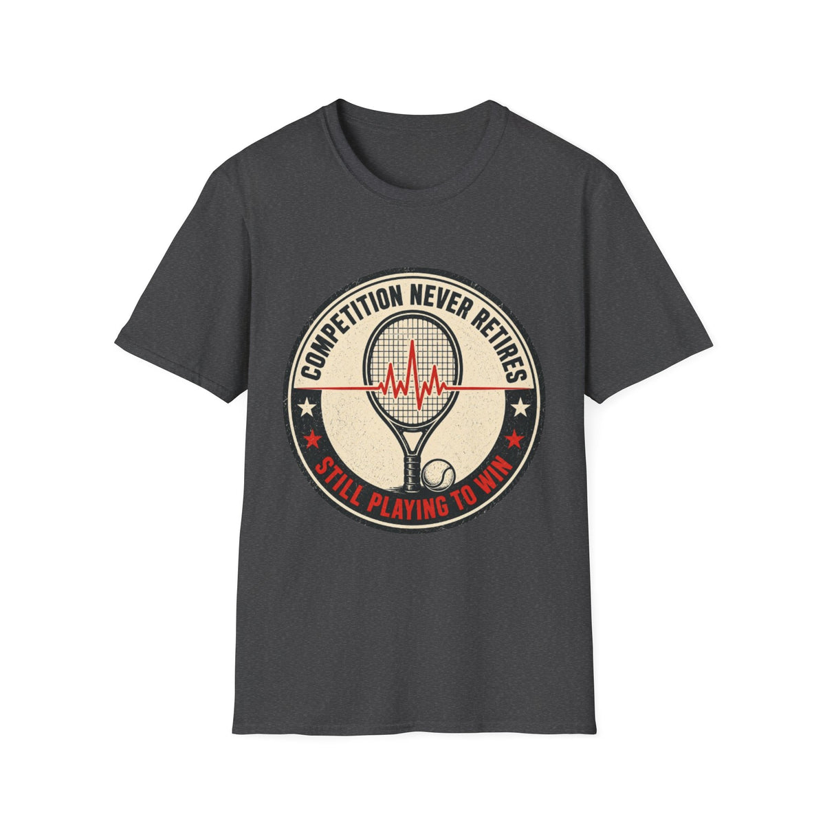 Tennis T-Shirt — "Competition Never Retires" Vintage Racket Tee