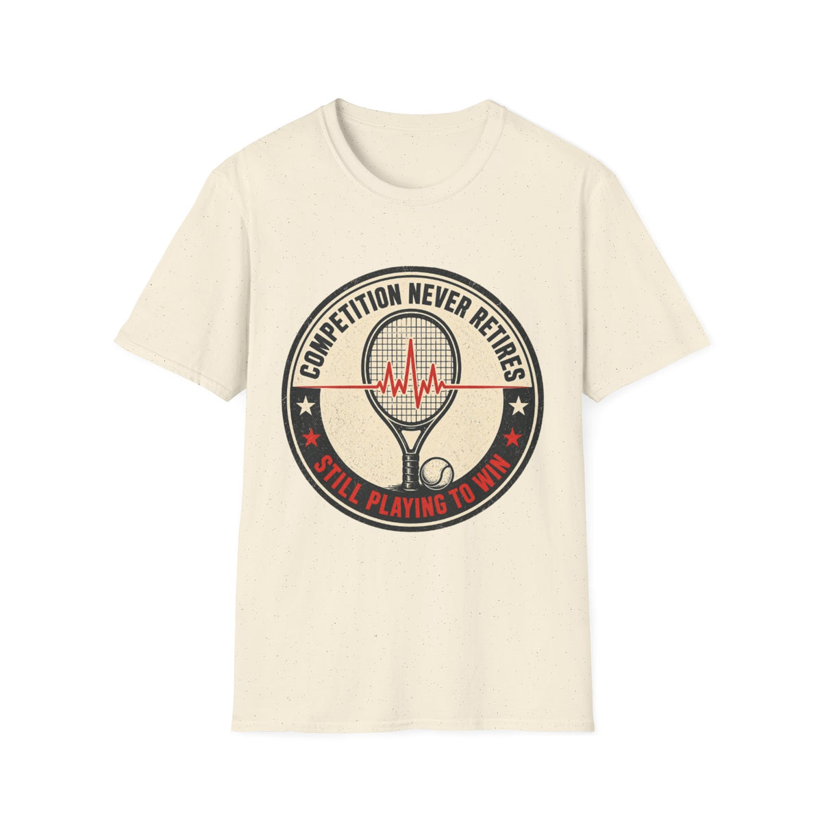 Tennis T-Shirt — "Competition Never Retires" Vintage Racket Tee