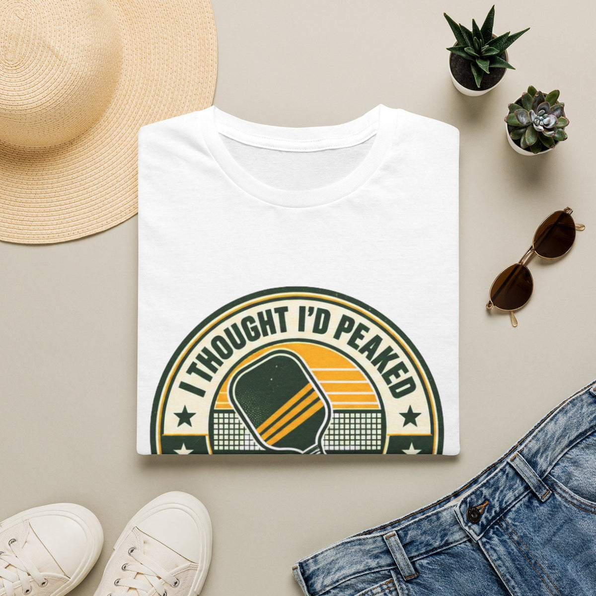 I Thought I'd Peaked Pickleball Paddle T-Shirt | Retro Badge, Vintage Court Vibe
