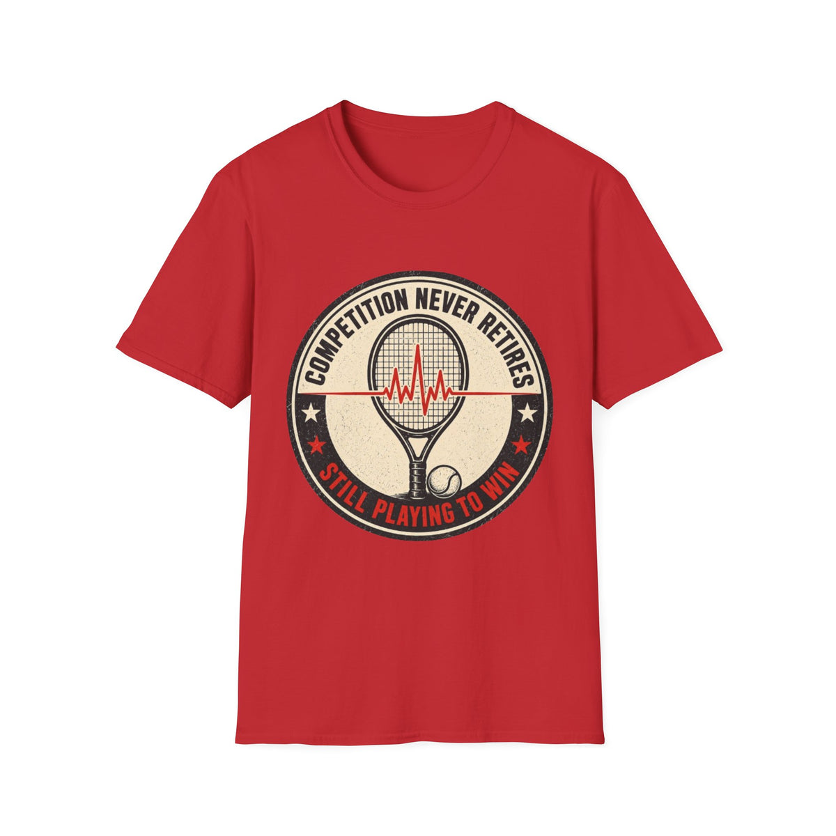 Tennis T-Shirt — "Competition Never Retires" Vintage Racket Tee