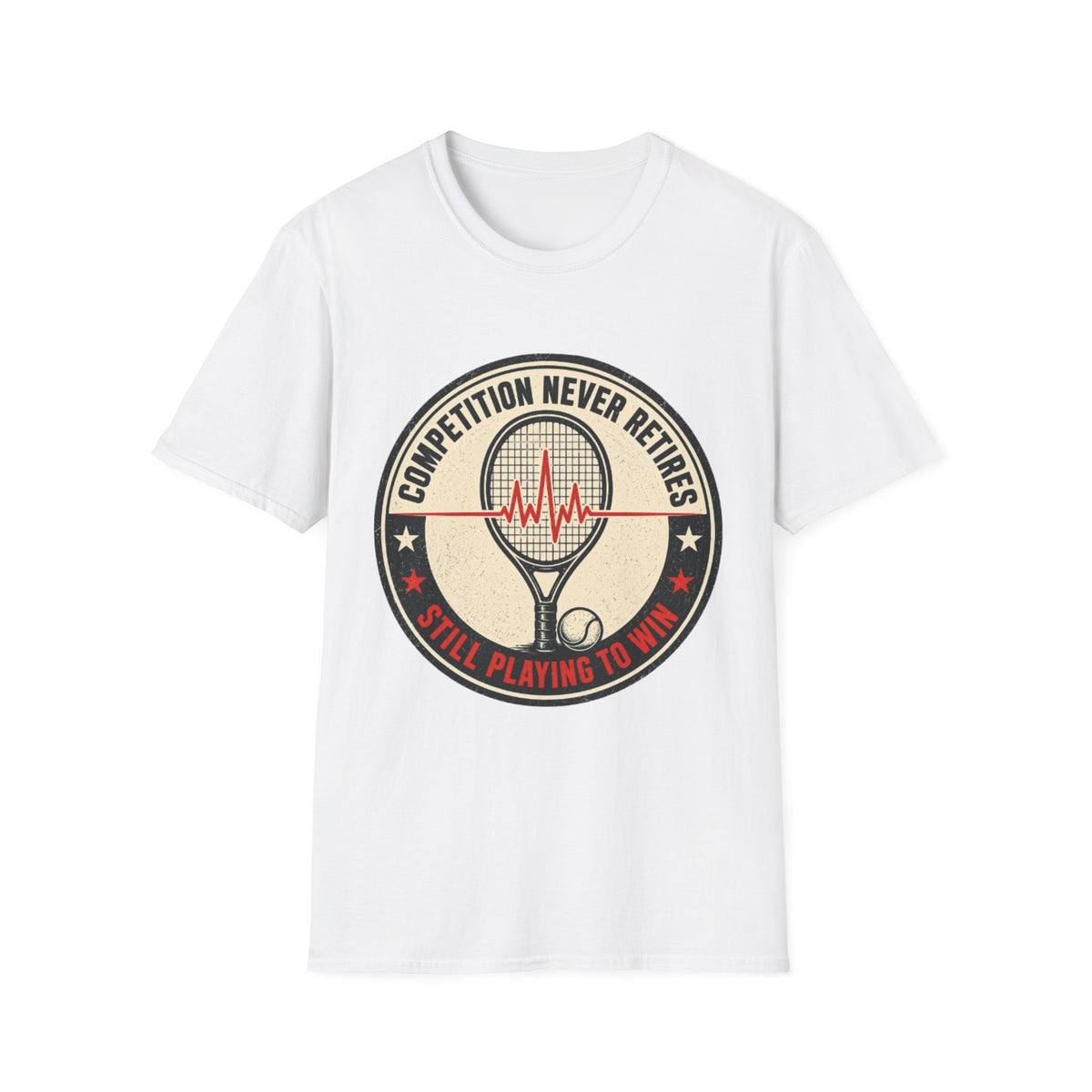 Tennis T-Shirt — "Competition Never Retires" Vintage Racket Tee