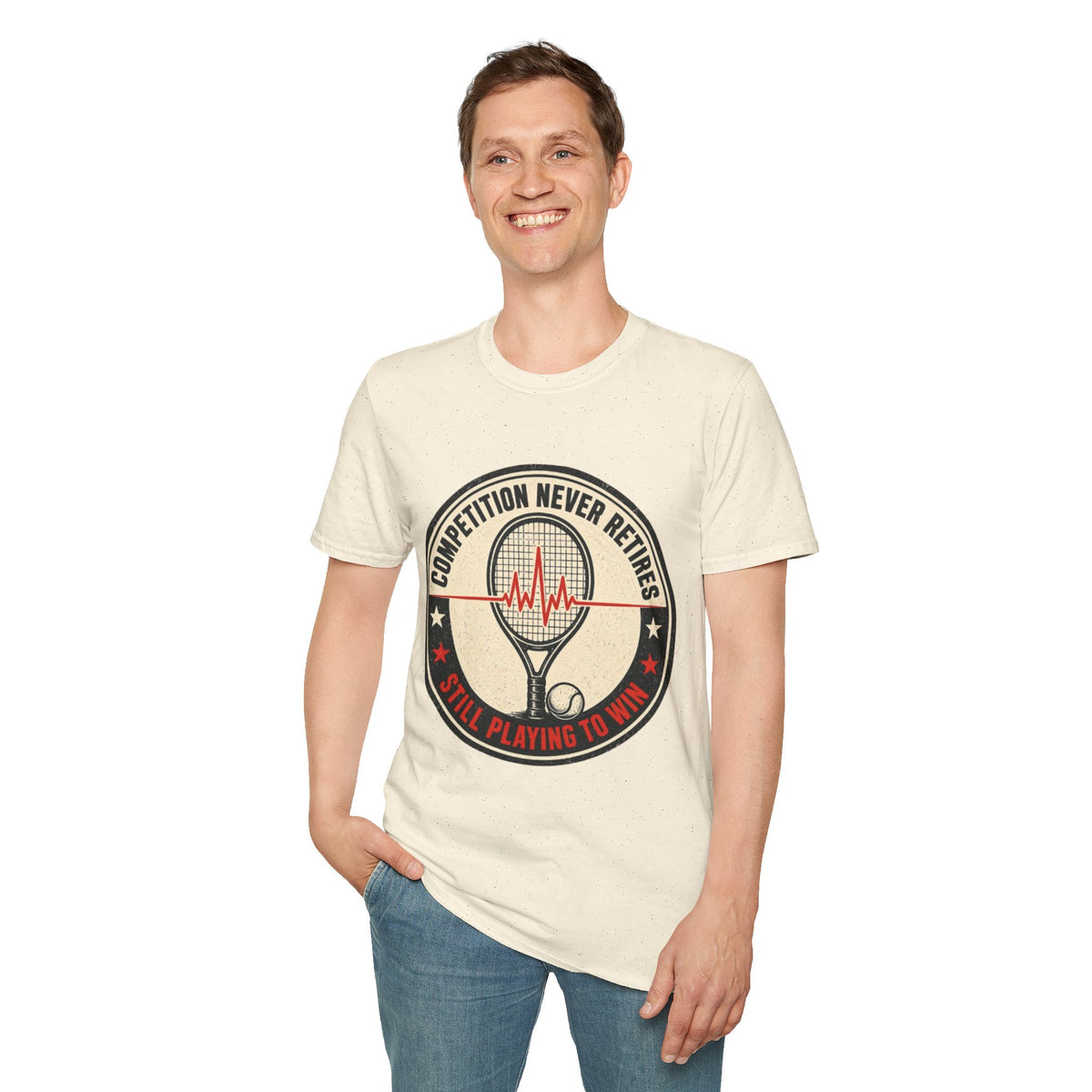 Tennis T-Shirt — "Competition Never Retires" Vintage Racket Tee
