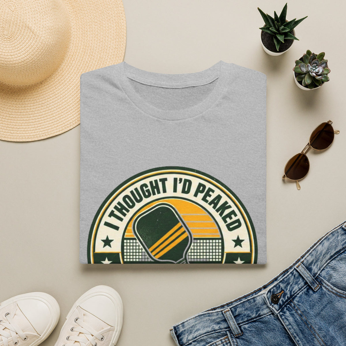 I Thought I'd Peaked Pickleball Paddle T-Shirt | Retro Badge, Vintage Court Vibe