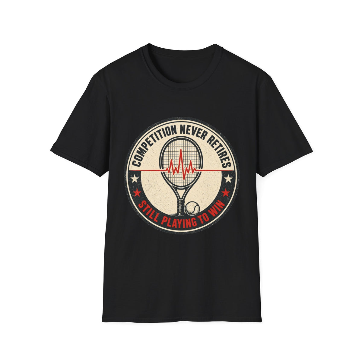 Tennis T-Shirt — "Competition Never Retires" Vintage Racket Tee
