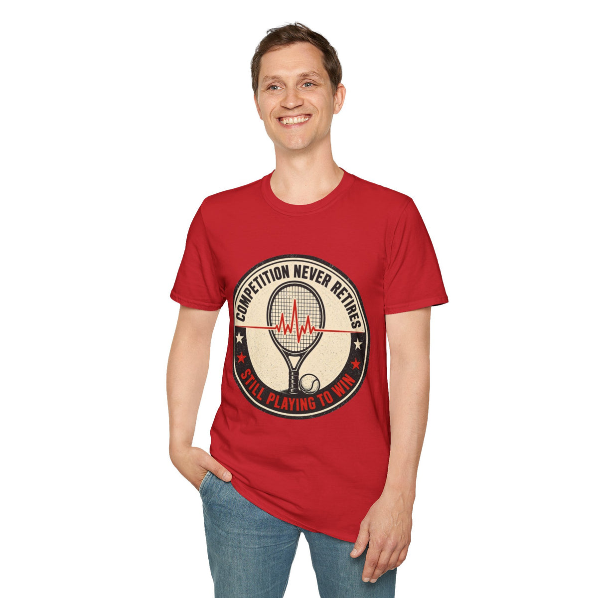 Tennis T-Shirt — "Competition Never Retires" Vintage Racket Tee
