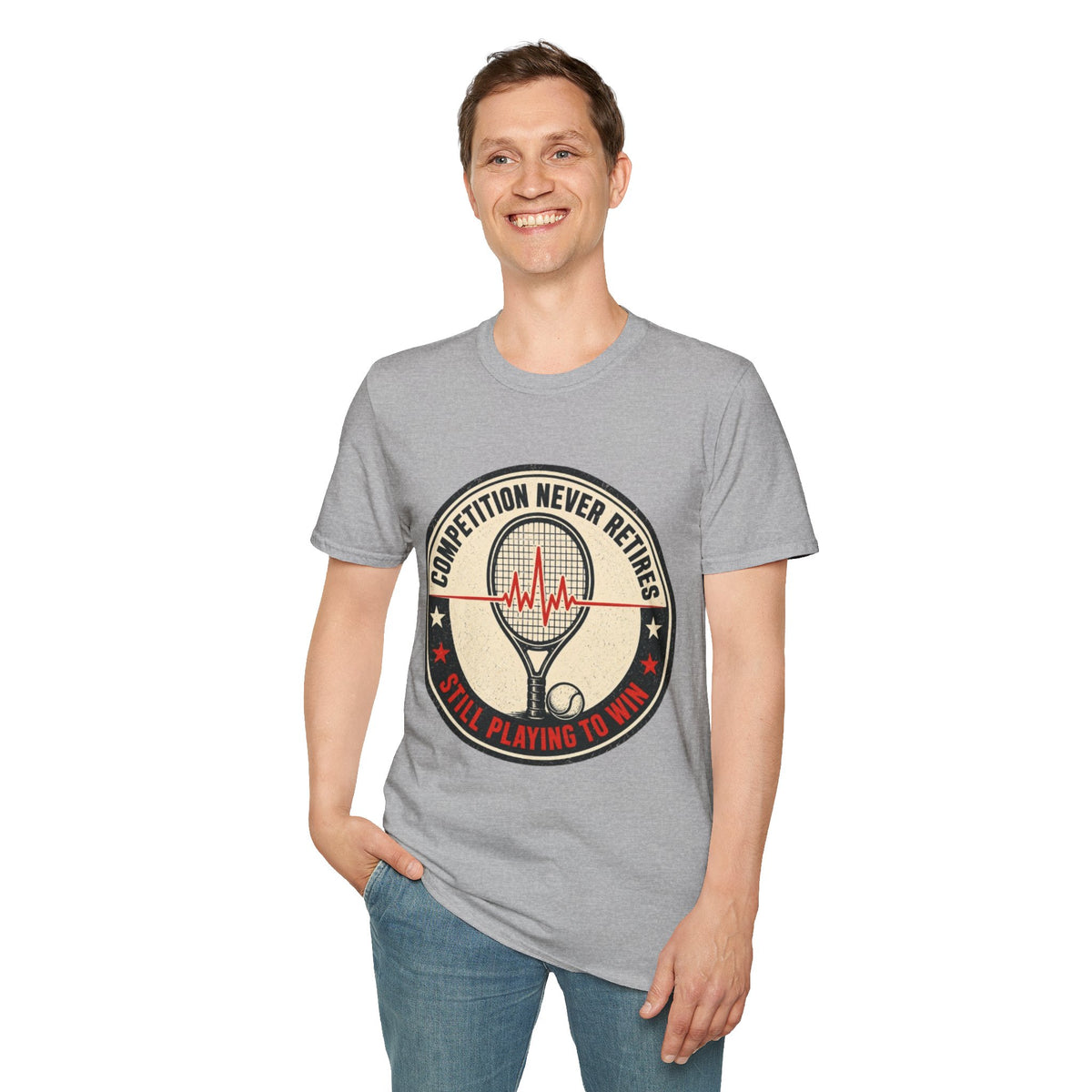 Tennis T-Shirt — "Competition Never Retires" Vintage Racket Tee