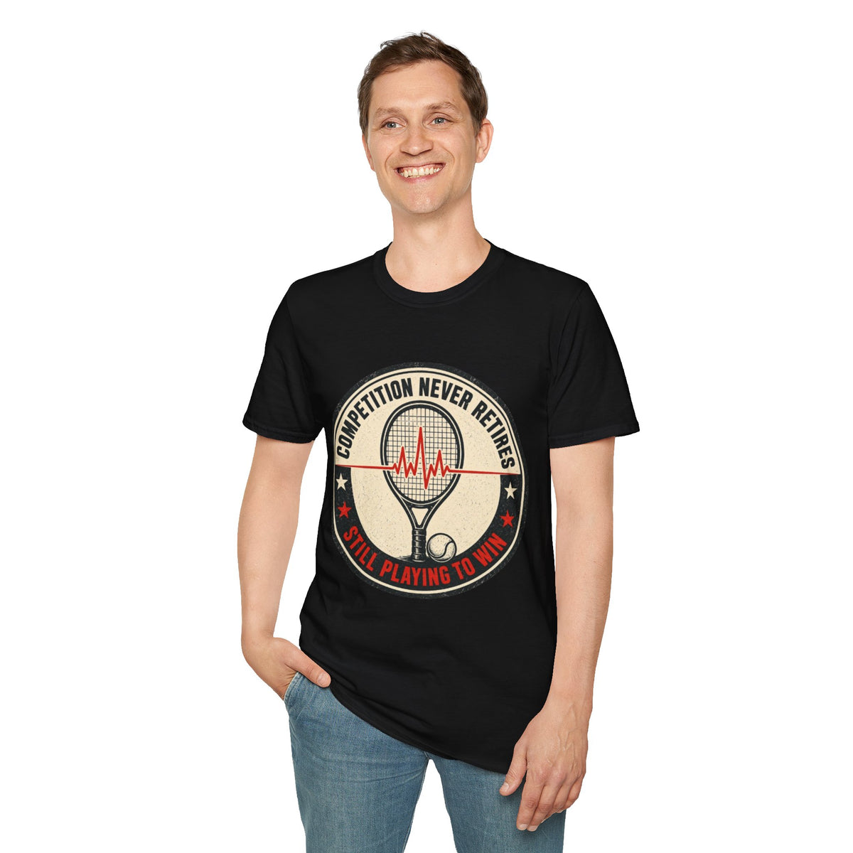 Tennis T-Shirt — "Competition Never Retires" Vintage Racket Tee