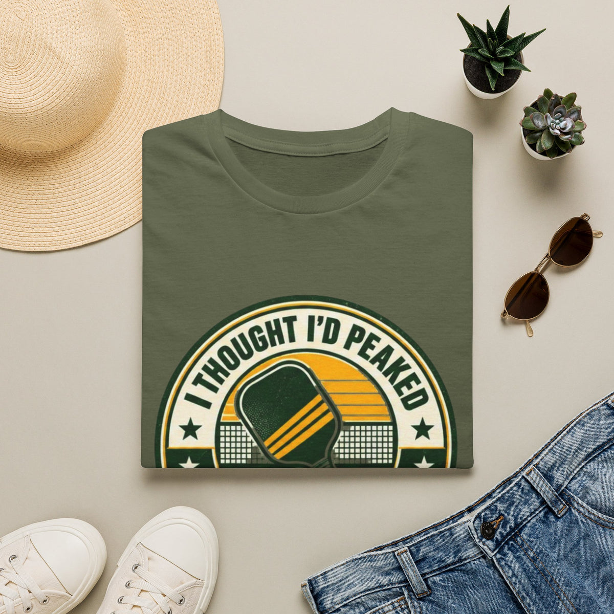 I Thought I'd Peaked Pickleball Paddle T-Shirt | Retro Badge, Vintage Court Vibe