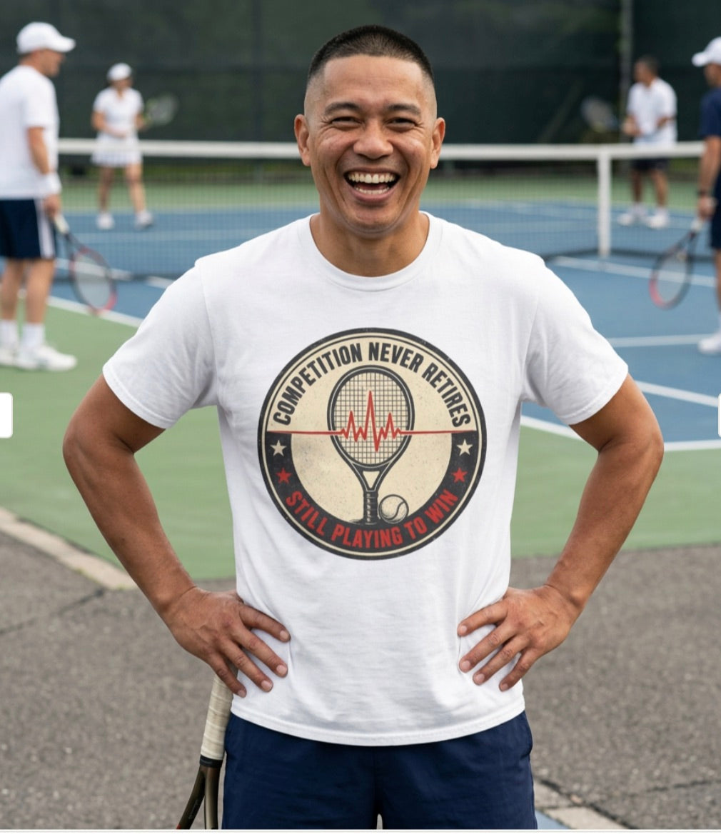 Tennis T-Shirt — "Competition Never Retires" Vintage Racket Tee
