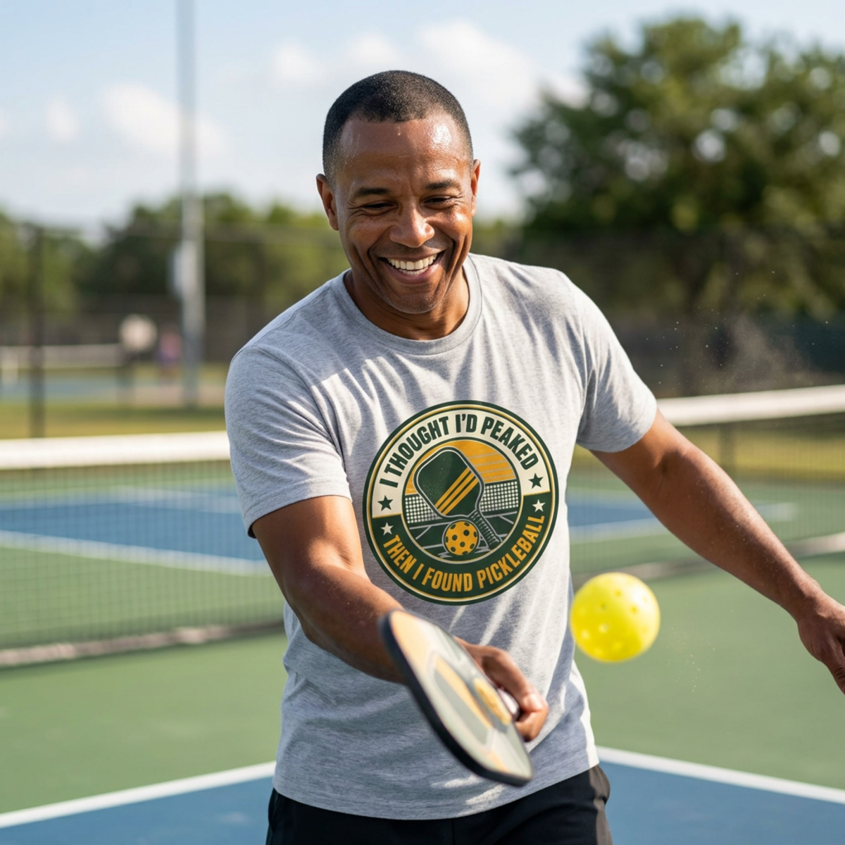 I Thought I'd Peaked Pickleball Paddle T-Shirt | Retro Badge, Vintage Court Vibe