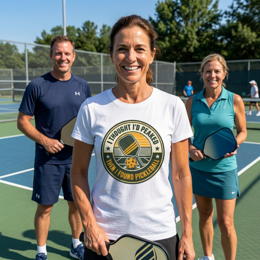 I Thought I'd Peaked Pickleball Paddle T-Shirt | Retro Badge, Vintage Court Vibe