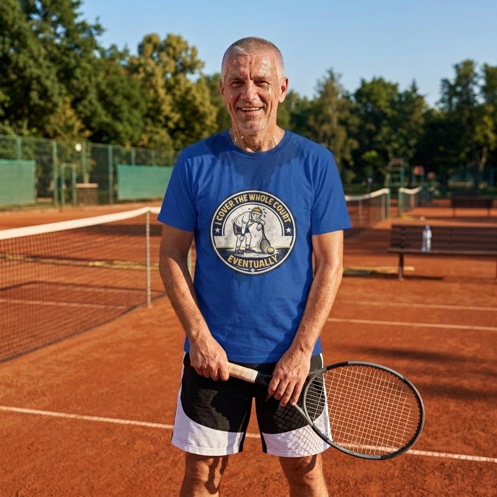 I Cover The Whole Court Eventually T-Shirt | Funny Tennis Retro Badge